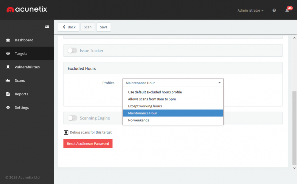 Configuring a scan to use an excluded hours profile