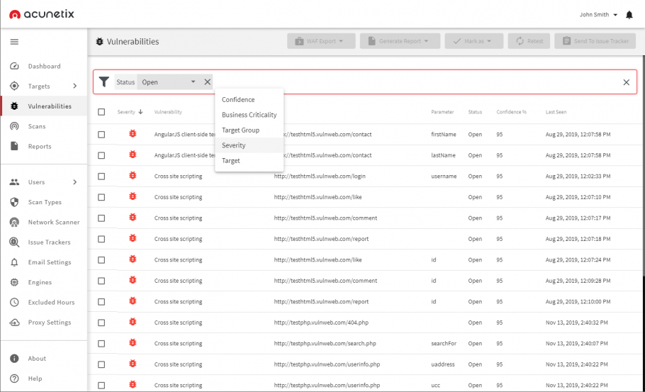 Acunetix v13 Sorting and Filtering